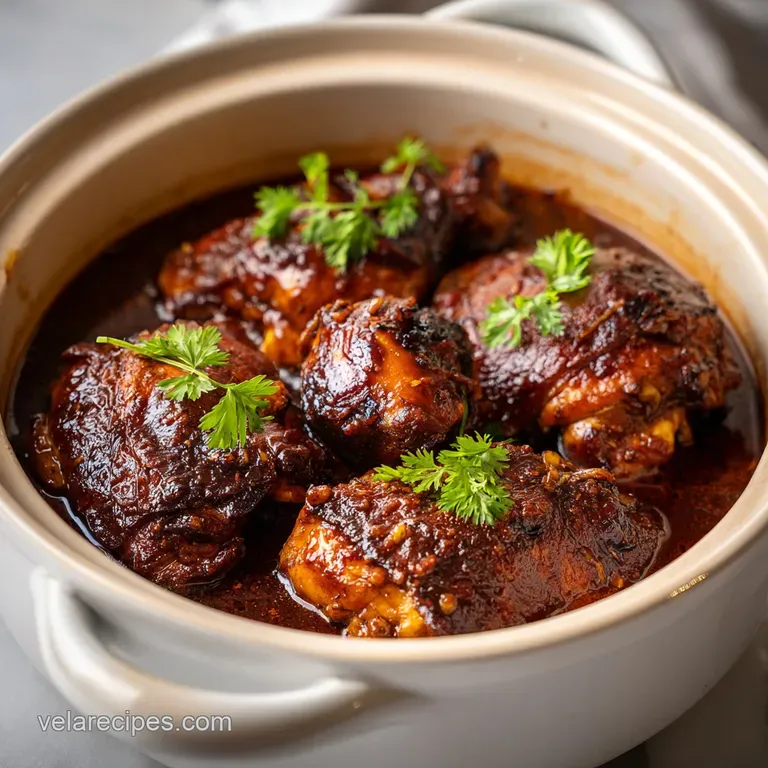 Juicy chicken thighs artfully arranged on a white plate, drizzled with glossy glaze and fresh parsley.