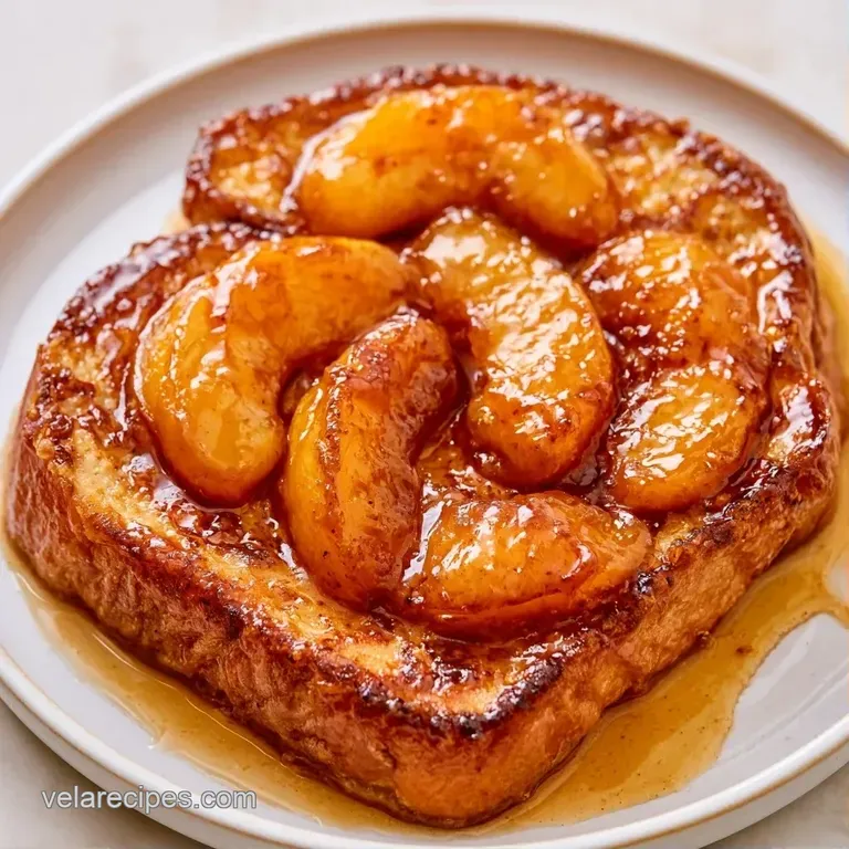A stack of golden-brown toast topped with vibrant peach slices and fresh mint on a minimalist white ceramic plate.