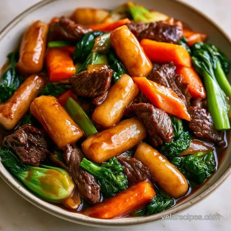 Glossy glazed rice cakes and tender beef strips arranged in a matte black bowl with a sprinkle of sesame seeds.