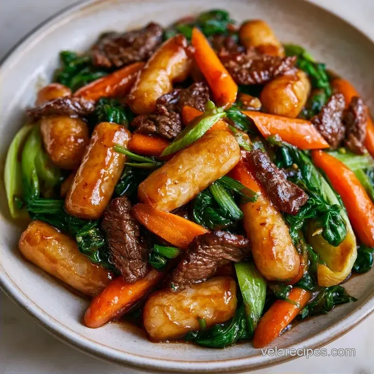 Stir-Fried Rice Cakes with Beef and Bok Choy
