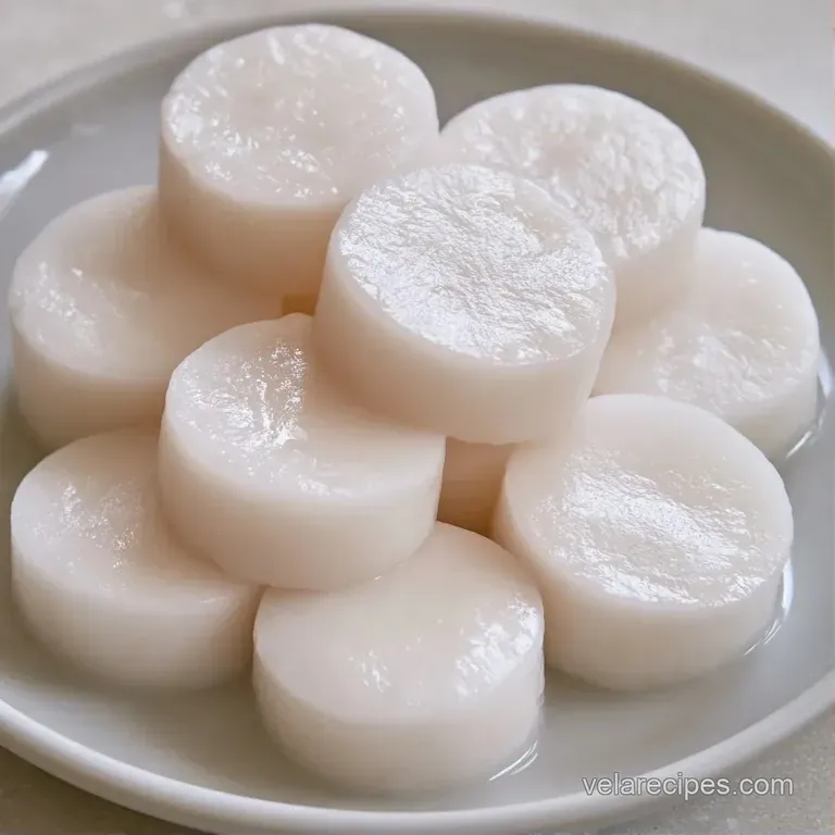 Symmetrical slices of pastel-hued rice cakes arranged on a matte ceramic plate with a delicate mint leaf