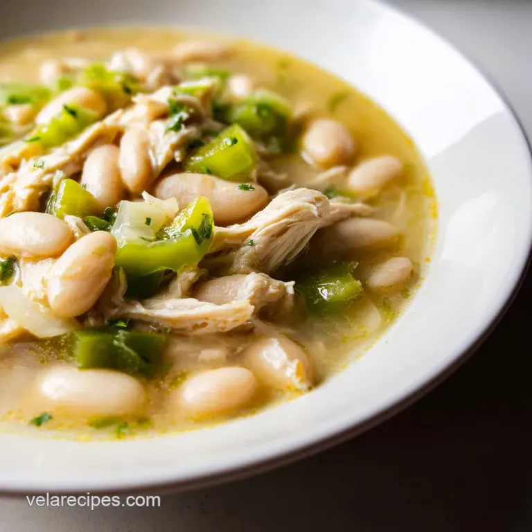 A deep white bowl of creamy stew topped with sliced avocado, cool sour cream, and fresh, bright green cilantro.