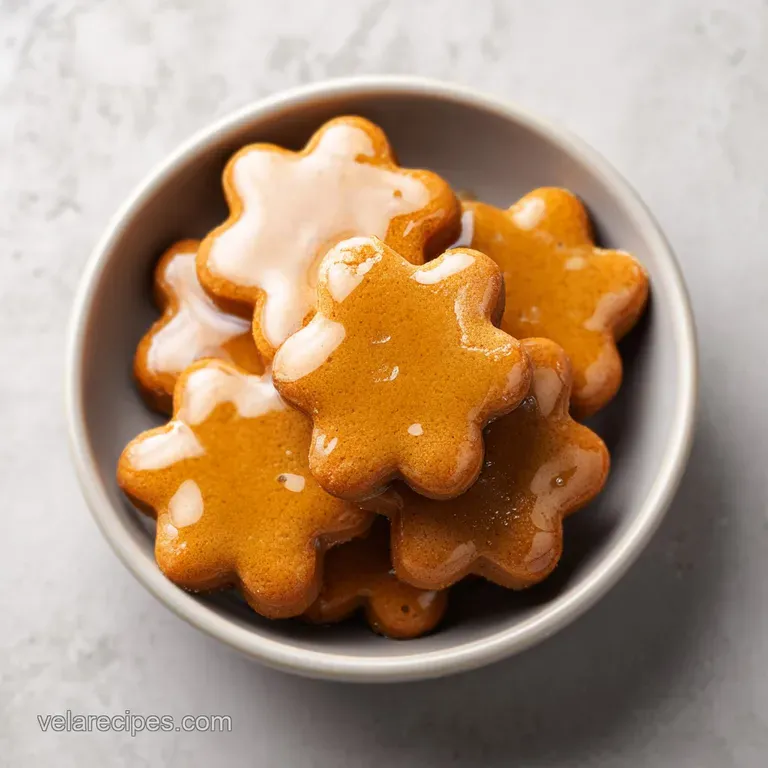 Elegant stack of amber-hued, glazed pastries on a minimalist white plate beside a steaming cup of green tea.